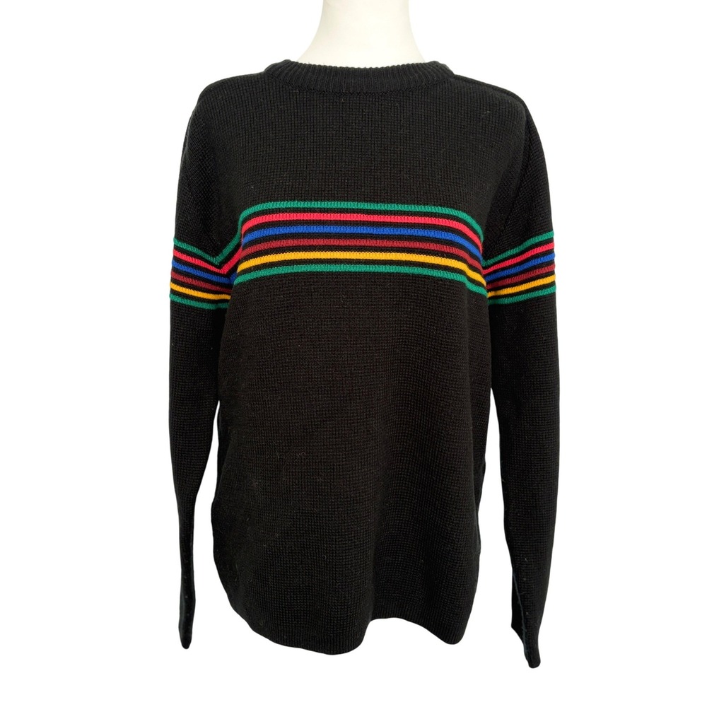 VTG High Sierra Mervyns L Black Crew Neck Retro Rainbow Pride Striped Sweater